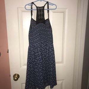 blue and white patterned razor back dress